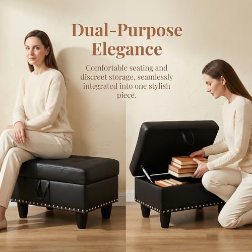 28.5 Inch Storage Ottoman Bench with Hidden Storage, PU Leather Upholstered Foot Rest Stool, Tufted End of Bed Bench for Bedroom Living Room, Easy to Clean, Black - color: Black