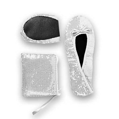 Stylish Foldable Ballet Flats for Women Portable Roll Up Travel Shoes for Wedding Bridesmaid Includes Carrying Pouch - color: Sequin Silver, size: Large