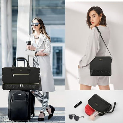 ITIEZY Weekender Overnight Bag for Women - Large Travel Duffel Bag with Shoe Compartment, Gym Duffel Bag Hospital Bag Carry On Tote Bags for Airplanes with Crossbody Bag Toiletry Bag 3Pcs Set - color: 6-Black