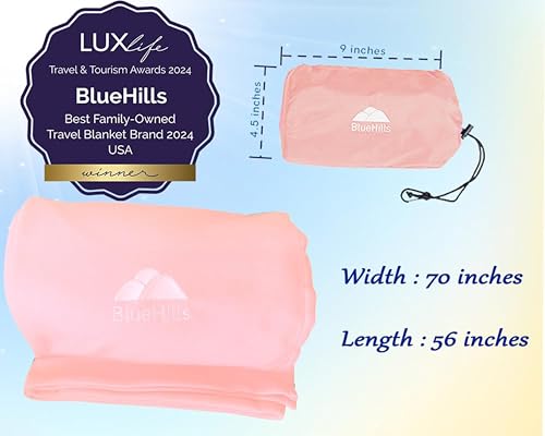 BlueHills Ultra Compact Travel Blanket Pillow in Portable Bag Case Soft with Strap Backpack Clip Premium Cozy Soft Compact Pack Large Blanket for Airplane Flight Layover - (Pink C006, 70 x 56 inch) - color: C006-pink