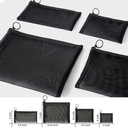 Patu Zipper Mesh Bags, Pack of 4 (S/M/L & Long Pouch), Beauty Makeup Cosmetic Accessories Organizer, Travel Toiletry Kit Set Storage Case, Black - size: 4 Piece Set