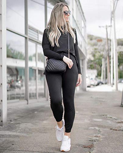 PRETTYGARDEN Women Fall 2 Piece Lounge Outfit Long Sleeve Tops High Waisted Jogger Pants Set Spring Travel Clothes Tracksuit - color: Black, size: Small