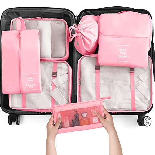 KPX 8 Set Packing Cubes for Travel, Luggage Packing Organizers Accessories Large Toiletries Bag for Clothes Shoes Cosmetics (Pink) - color: 8Set-Pink