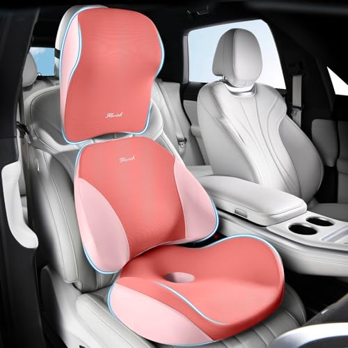 FLORICH Car Seat Cushion & Lumbar Support Pillow & Car Neck Pillow Ergonomic and 100% Memory Foam, Upgraded Larger and Breathable Car Seat Cushion & Back Support Pillow - Pink - color: B-cushion&lumbar&neck Pillow-pink