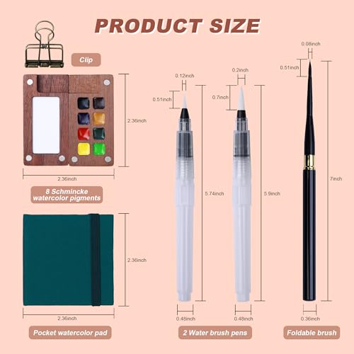 Mini Watercolor Paint Set, Portable Travel Art Kit with Wooden Palette, 8 Color Pigments, Watercolor Pad, Water Brush Pens and Accessories for Artists - color: 8 Colors