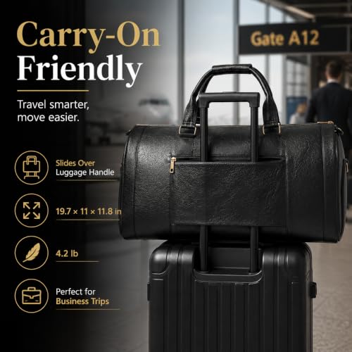 Garment Bag for Travel, Convertible Suit Garment Bag for Men, Stylish Carry On Garment Bag with Shoulder Strap, 2 in 1 Foldable PU Leather Garment Duffle Bag Suit Travel Bag for Men, Black - color: Black