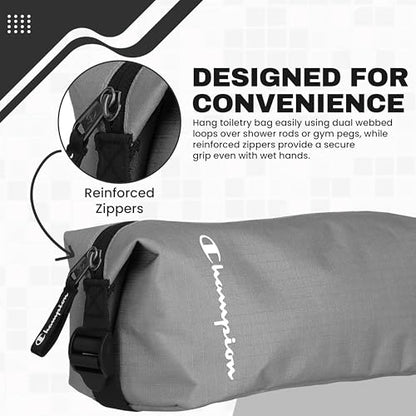 Champion - Hanging Toiletry Bag - Travel Sized Polyester Bag — Water-Resistant, Cosmetics Organizer Bag with Two Compliant Bottles - Lightweight Portable Zipped Bag for Unisex – Grey - 10"x3.9"x3.9" - style: Grey