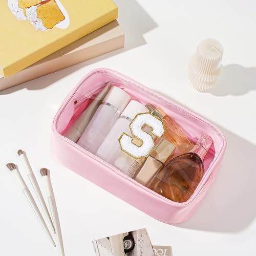 Personalized Initial Clear Makeup Bag Cosmetic Bags Travel Toiletry Bag Essentials Emergency Pouch Gifts for Girls Girlfriend Kids Birthday Graduation Teacher (Pink S) - style: S