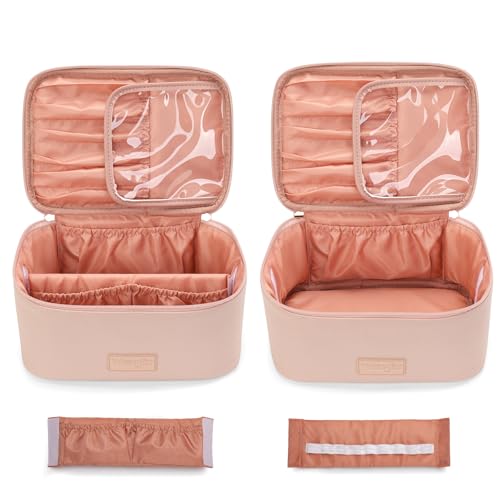 Montana West X Wrangler Travel Makeup Bag 2pcs Set Large Cosmetic Bag with Makeup Brush Holder Portable Make Up Organizer Cute Toiletry Bag with Divider and Handle for Women - color: Light Pink