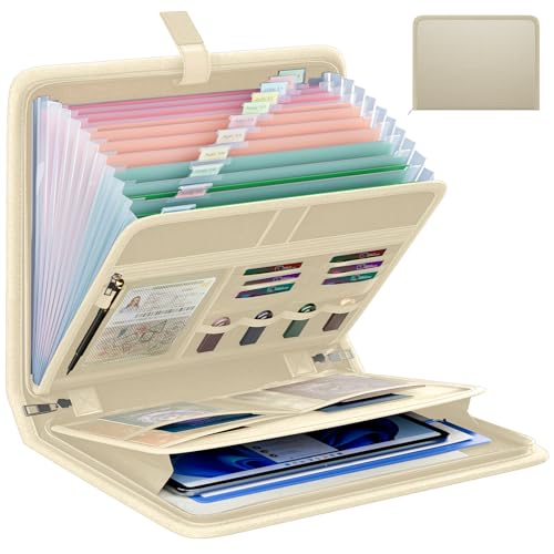 Fireproof Accordion File Organizer, Portable Expanding File Folder with Waterproof Zipper&Labels, Khaki Document Organizer with 13 Pockets, File Organizer for Important Document/Paper Storage - color: Khaki