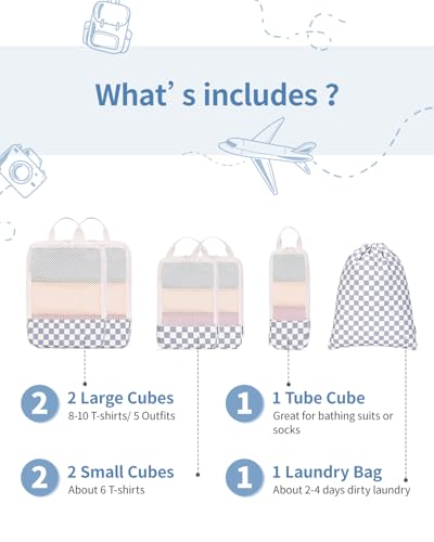 Narwey 6 Set Compression Packing Cubes for Travel Women Men, Travel Cubes for Carry On Suitcase, Durable Compression Luggage Organizer Bags - color: Z-Grayish Blue Checkerboard