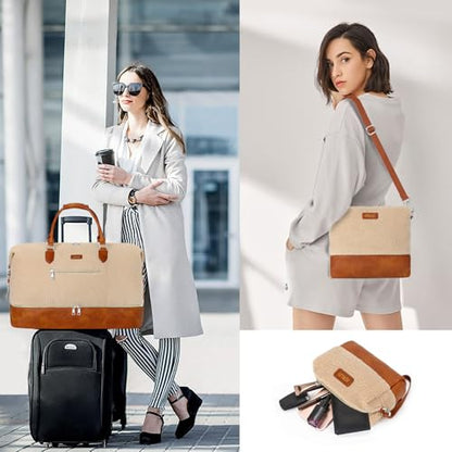 ITIEZY Weekender Overnight Bag for Women - Large Travel Duffel Bag with Shoe Compartment, Gym Duffel Bag Hospital Bag Carry On Tote Bags for Airplanes with Crossbody Bag Toiletry Bag 3Pcs Set - color: 8a-Off White