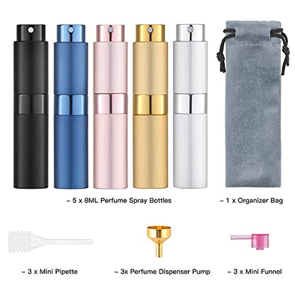 Tekson Travel Perfume Atomizer Refillable 8ml (5 PCS), Travel Cologne Sprayer Mini, Perfume Bottle Empty Small (5 Colors) - color: 5 colors
