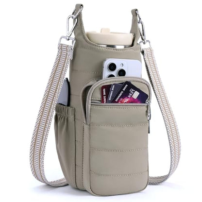 Water Bottle Bag 40 oz Crossbody Bag Insulated Carrier Purse Holder for Walking Hiking with Adjustable Strap - color: Khaki