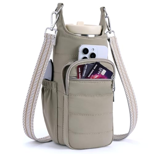 Water Bottle Bag 40 oz Crossbody Bag Insulated Carrier Purse Holder for Walking Hiking with Adjustable Strap - color: Khaki