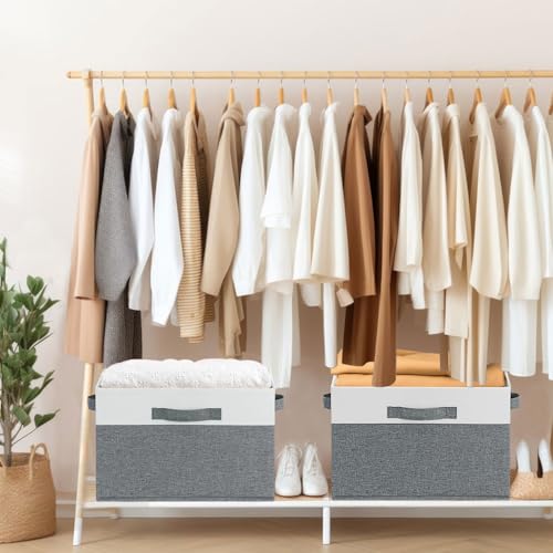 GhvyenntteS Large Fabric Storage Bins with 3 Handles, 15x11x9.6 Inch Storage Baskets for Shelves, Foldable Closet Storage Bins for Shelves, Closet Organizers and Storage Boxes 3 Pack - color: Grey & White, size: Large-3 Pack