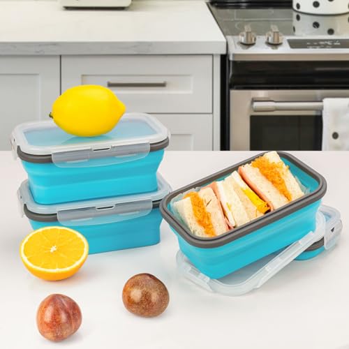 Collapsible Silicone Food Storage Containers Set with Lid & Air Vent,Foldable Lunch Containers(4PCS,Blue,17oz) - color: Blue | 17 oz | 4pc