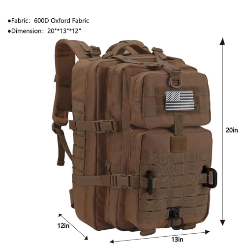 Hannibal Tactical MOLLE Assault Backpack, Tactical Backpack Military Army Camping Rucksack, 3-Day Pack Trip w/USA Flag Patch, D-Rings, Dark Brown - color: Dark Brown