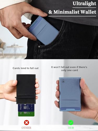 TOYFID Slim Wallet for Men - Pop Up Card Holder Wallet,Minimalist Business Wallet,Credit Card Wallet with Money Pocket,Metal Card Case Wallet,RFID Blocking,Can Hold 6 Credit Cards - color: navy blue B