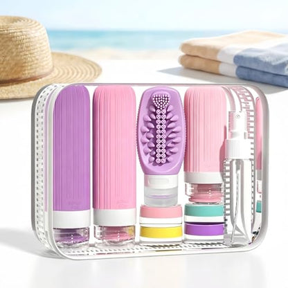 Vitog 16 Pack Travel Bottles with Soft Brush, TSA Approved Silicone Travel Containers for Toiletries, Squeezable Leak Proof Refillable Travel Accessories for Conditioner, Shampoo, Lotion & Body Wash - color: Purple