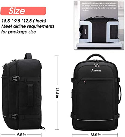 Asenlin 40L Travel Backpack for Women Men,Flight Approved Carry On Backpack with 17 Inch Laptop Compartment,Water Resistant Computer Backpack for College Weekender Overnight Daypack,Black
