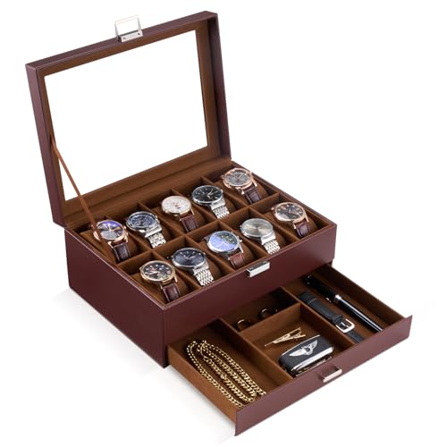 ProCase Watch Box, 10 Slot Watches Display Case with Drawer, Mens Watch Case with Glass Lid, 2-Layer Mens Jewelry Organizer Storage Holder, Birthday Valentine Gifts for Men -10 Slot, Espresso - color: Espresso, size: 10-Slot