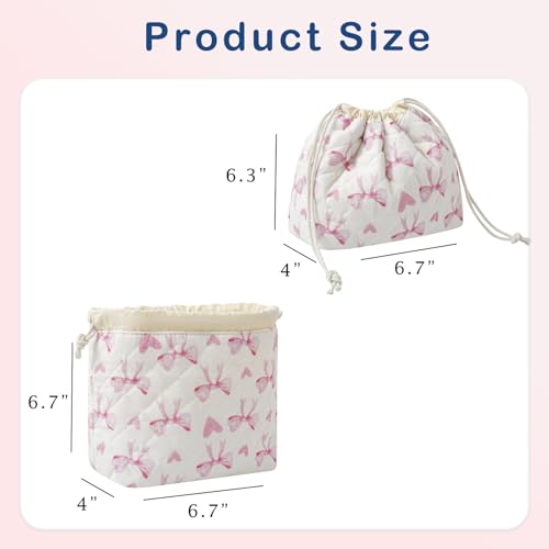 uekeboag Cotton Quilted Drawstring Makeup Bag with Canvas Lining,Coquette Aesthetic Cute Travel Toiletry Bag,Drawstring Gift Bag for Women and Girls（14Heart Bow） - color: 14Heart Bow
