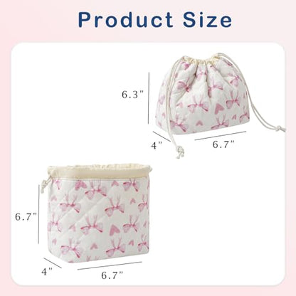 uekeboag Cotton Quilted Drawstring Makeup Bag with Canvas Lining,Coquette Aesthetic Cute Travel Toiletry Bag,Drawstring Gift Bag for Women and Girls（14Heart Bow） - color: 14Heart Bow