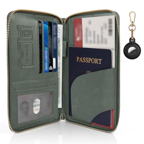 RFID Blocking Passport Wallet, Anti Theft PU Leather Passport Pouch with Tracker Case, Travel Document Organizer Zipper Wallet with Wrist Strap, Gifts for Women and Men (Green) - color: Leather-Green