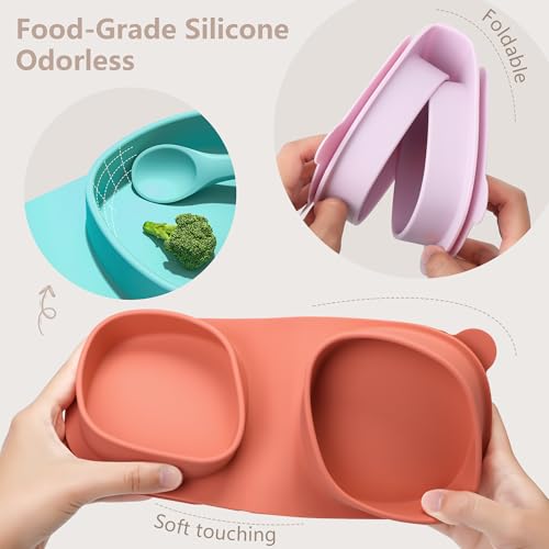 Baby Plates with Suction with Forks and Spoons, Foldable Silicone Toddler Plates, Baby Travel Essential, Microwave & Dishwasher Safe, Watermelon - color: Watermelon, style: Suction