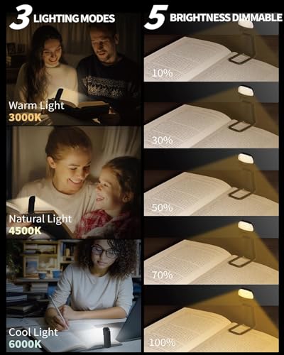 HEMONNKAM Book Reading Light, 2 Pack Rechargeable Clip on Booklight, Eye Caring 3 Color Temperatures & 5 Brightness Levels, Night Use for Bed, Long Lasting, Reading at Night in Bed, Black+Light Blue - color: Black+Light Blue