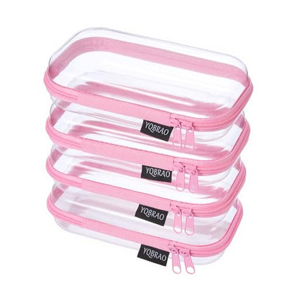 YQBRAO 4-Pack Clear Hard Shell Zipper Case, 1.2mm Ultra-Thick Diaper Bag Organizer Pouches, Rigid Self-Standing Travel Makeup Bags with YKK Zippers, TSA Approved, Pink - color: Pink, size: 4 Pack(S)