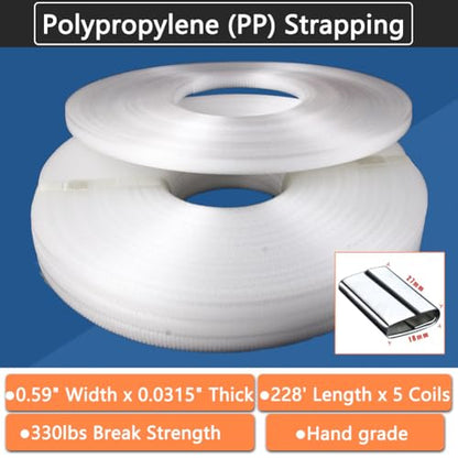 Hand Grade Polypropylene (PP) Strapping Coil 0.59" x 0.0315" 330lbs Break Strength White Poly Strap 100pcs strapping seals for Manual Packing Box Packing Strapping (Length228' x 5 Rolls) - size: Length228' x 5 Rolls