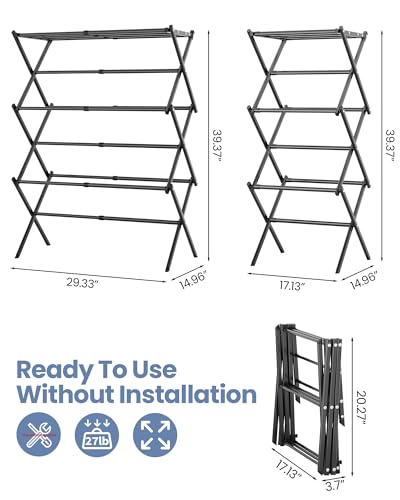 APEXCHASER Oversize Clothes Drying Rack, 3-Tier Drying Rack Clothing, Expandable Metal Laundry Drying Rack, Air Drying Rack, Clothes Rack, No install, 24lb Capacity, 14.9" D x 29.3" W x 39.3" H, Black - color: Black