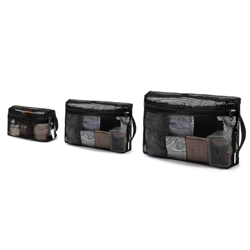 NOL Natural Organic Lifestyle 3-Pack Mesh Travel Toiletry Bags - Clear Zipper Travel Organizer, Airport Carry-On Compliant Reusable Cosmetic Makeup Bag for Women & Men (Black) - color: Black