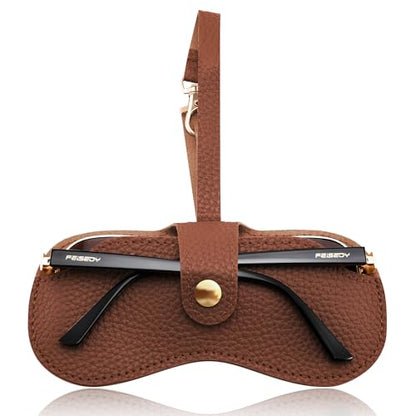 FEISEDY Soft Leather Sunglass Case-Slim Portable Glasses Holder with Button-Closure Wrist Strap for Travel & Outdoor B0308 - color: Auburn