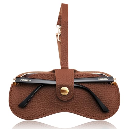 FEISEDY Soft Leather Sunglass Case-Slim Portable Glasses Holder with Button-Closure Wrist Strap for Travel & Outdoor B0308 - color: Auburn