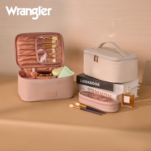 Montana West X Wrangler Travel Makeup Bag 2pcs Set Large Cosmetic Bag with Makeup Brush Holder Portable Make Up Organizer Cute Toiletry Bag with Divider and Handle for Women - color: Light Pink