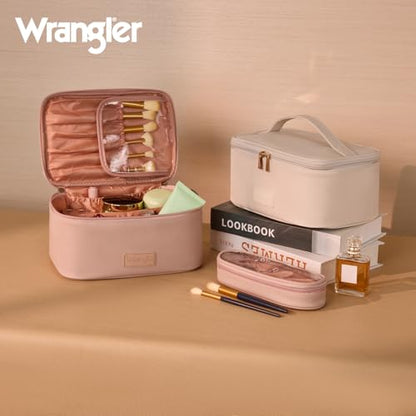 Montana West X Wrangler Travel Makeup Bag 2pcs Set Large Cosmetic Bag with Makeup Brush Holder Portable Make Up Organizer Cute Toiletry Bag with Divider and Handle for Women - color: Light Pink