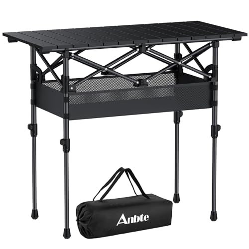 Anbte 3ft Aluminum Roll Top Camping Table Max 27.5", 2 Adjustable Height Folding Camping Table Waterproof with Storage Net and Bag for BBQ Picnic Tailgating Backyard RV Travel, 32.2” x 16”, Pure Black - color: Pure Black, size: 32"L x 16"W x 27.5"H (2 hei
