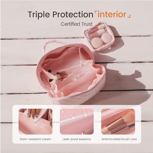 Makeup Bag,Wideopen Toiletry Bag for Women, 180° Lay-Flat Water-Resistant Large Cosmetic Case, Puffy Padded Travel Organizer for Toiletries & Brushes Large Capacity with Compartments - color: Pink