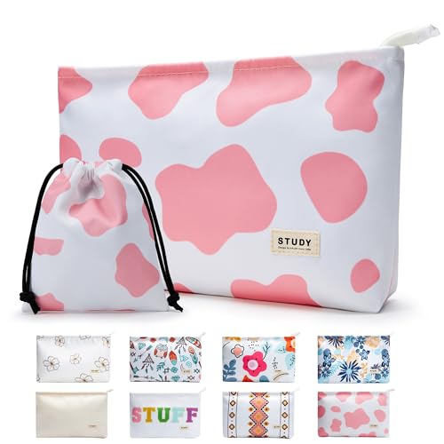 WLLWOO WLLWOO 2pcs Travel Make Up Bags-Cosmetic Bag Nylon Waterproof Large Wide Zipper Coin Purse Travel Toiletry Small Makeup Pouch For Women - color: Pink Cow