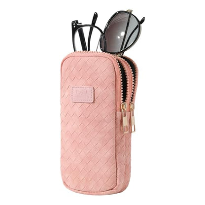 KINIVA Double Eyeglass Case for Men Women, 2-in-1 PU Dual Sunglasses Case, Scratch-Proof Travel Eyeglass Holder for Purse Car - style: Pink Woven