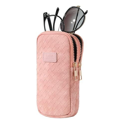 KINIVA Double Eyeglass Case for Men Women, 2-in-1 PU Dual Sunglasses Case, Scratch-Proof Travel Eyeglass Holder for Purse Car - style: Pink Woven