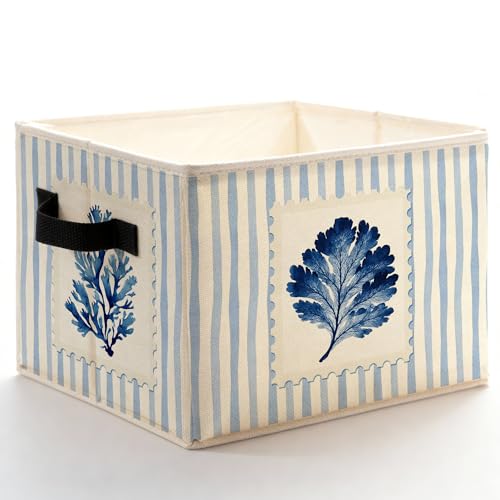 Coastal Beach Coral and Seaweed Storage Bins Box with Handles, Blue Striped Nautical Coralline Marine Biology Foldable Basket Toybox for Bedroom Bathroom Home Clothes Toys Books - color: Color-9