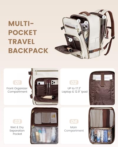 LOVEVOOK Travel Backpack For Women,40L Carry On Backpack Flight Approved,TSA Personal Item Travel Bag Fits 17 Inch Laptop,Business Weekender Overnight Daypack with Toiletry Bag and Cube,White brown - color: White With Brown, size: 17.3 Inch-40L-4Pcs