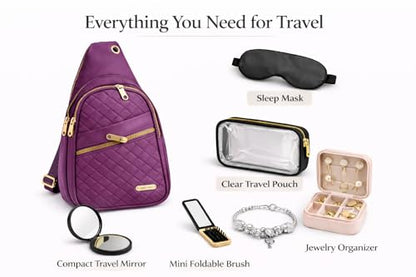 Travel Essentials Gift Set for Women – 7 Pc Travel Kit with Sling Bag, TSA Pouch, Jewelry Case & Sleep Mask - color: Amethyst Pop
