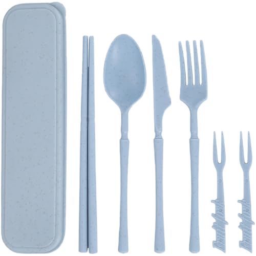 Reusable Travel Utensils Set with Case, Wheat Straw Portable Plastic Fork Spoon Knife Chopsticks Camping Cutlery, Eco-Friendly BPA Free Tableware Picnic Flatware for Kids Adults or Daily Use (Blue) - color: Blue