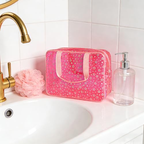 Clear Star Large Cosmetic Bag and Travel Pouch with Handle,Durable Material,Zipper Design-Ideal for Makeup,Travel Essentials (Pink+Shiny Star) - color: Pink+Shiny Star