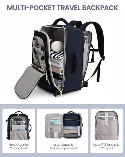 LOVEVOOK Travel Backpack for Women, 40L Carry On Backpack Flight Approved, Large Personal Item Bag Fits 17 inch Laptop, TSA Approved Luggage with 3 Packing Cubes,Waterproof Weekender Gym Essentials - color: Dark Blue-beige-black, size: 40L